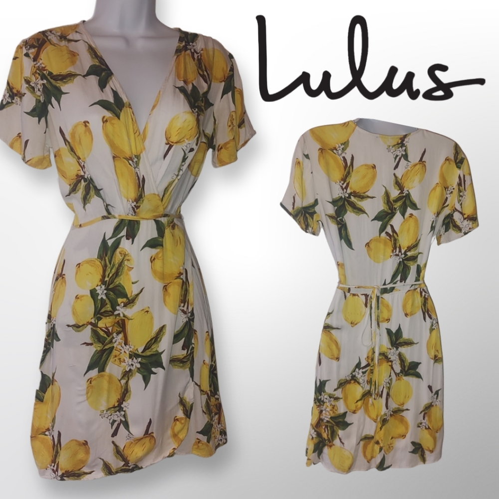 Lulu's Lemon Print Wrap Dress, Size Small, Yellow and White